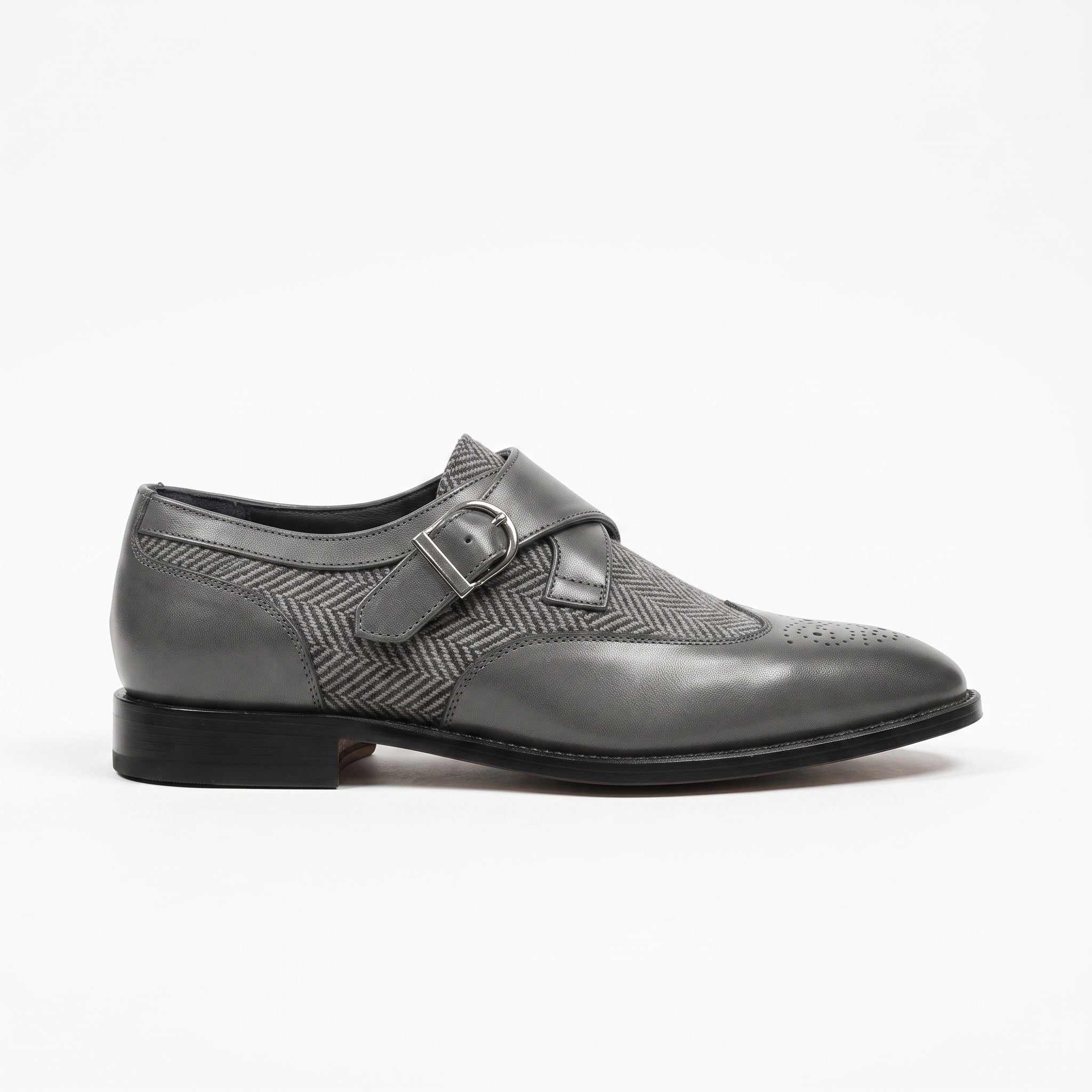 Men's Grey and Black Cap-Toe Leather Monk Strap Shoes — Thirsk