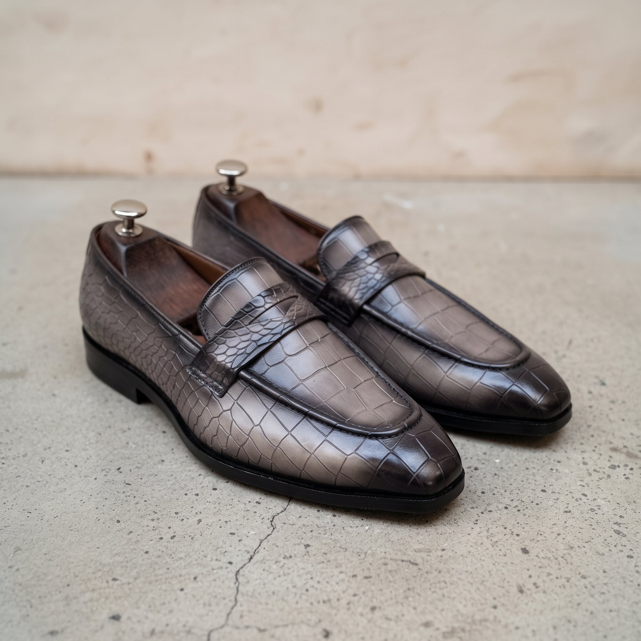 Men's Grey and Black Crocodile-Embossed Leather Penny Loafers — Beaudesert