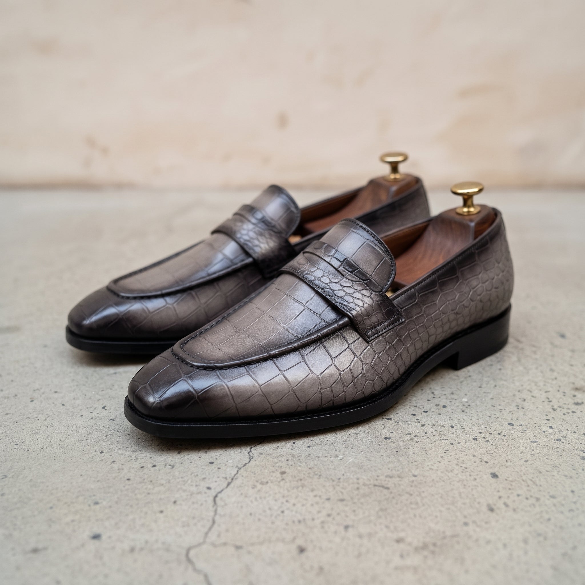 Men's Grey and Black Crocodile-Embossed Leather Penny Loafers — Beaudesert