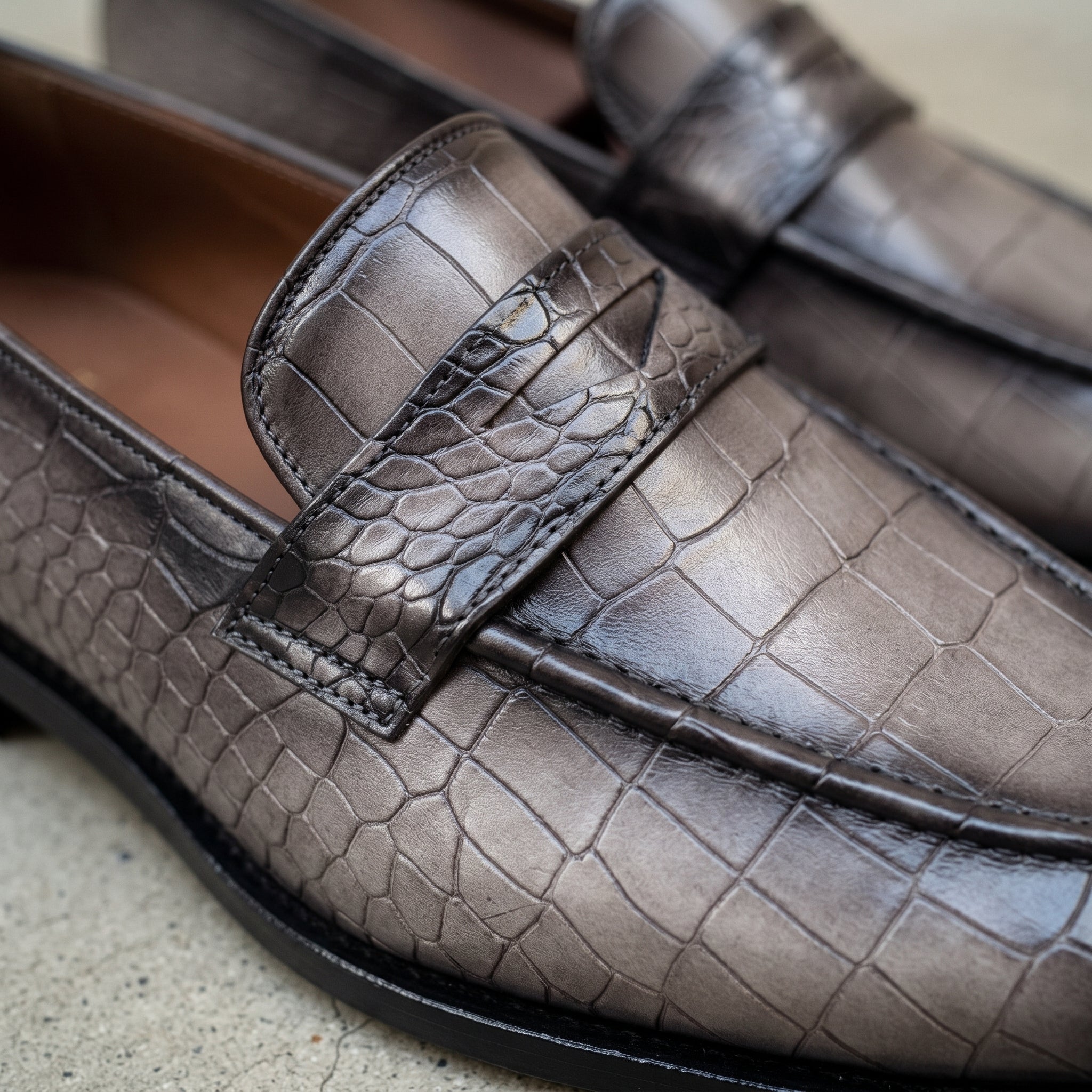 Men's Grey and Black Crocodile-Embossed Leather Penny Loafers — Beaudesert
