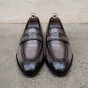 Men's Grey and Black Crocodile-Embossed Leather Penny Loafers — Beaudesert