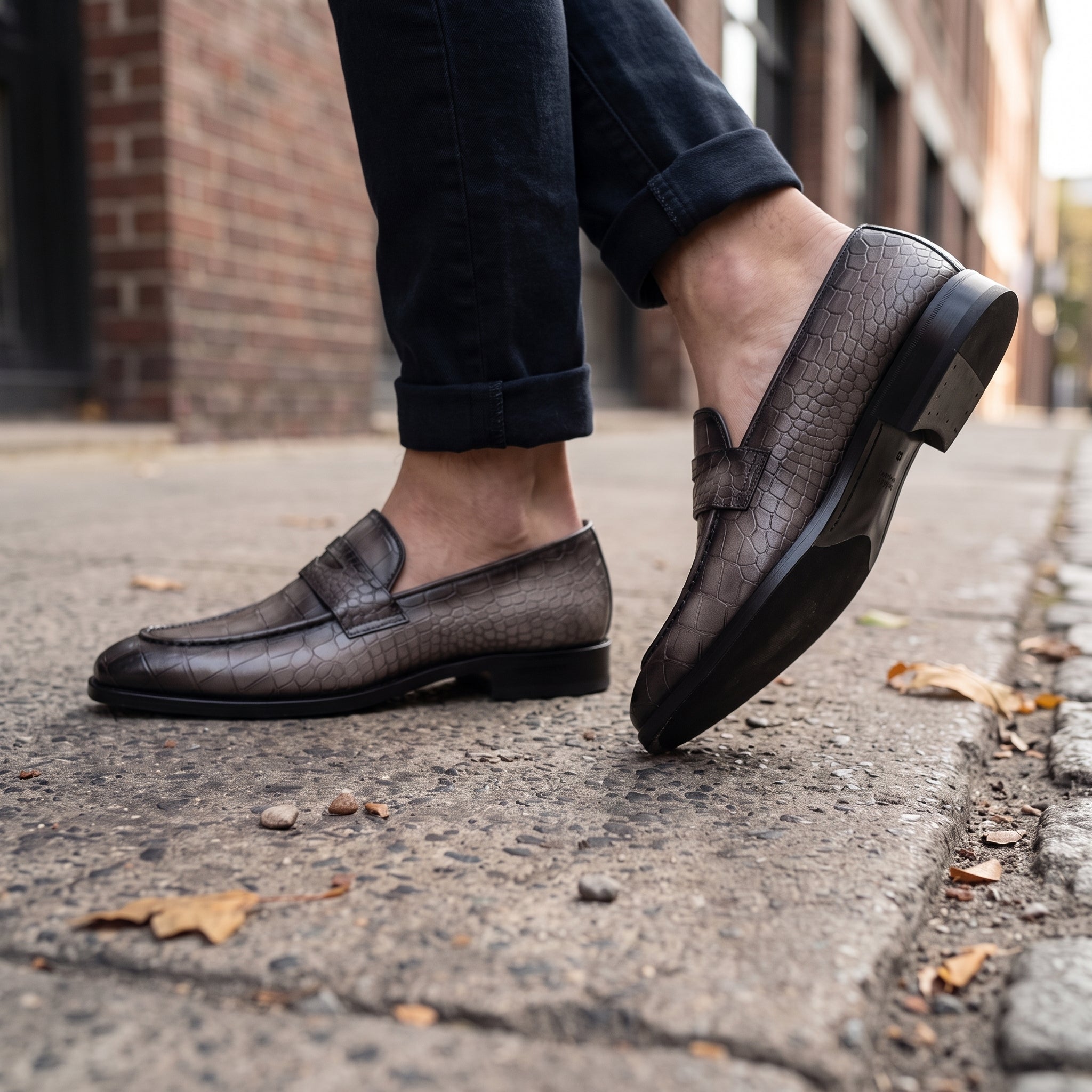 Men's Grey and Black Crocodile-Embossed Leather Penny Loafers — Beaudesert