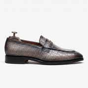 Men's Grey and Black Crocodile-Embossed Leather Penny Loafers — Beaudesert