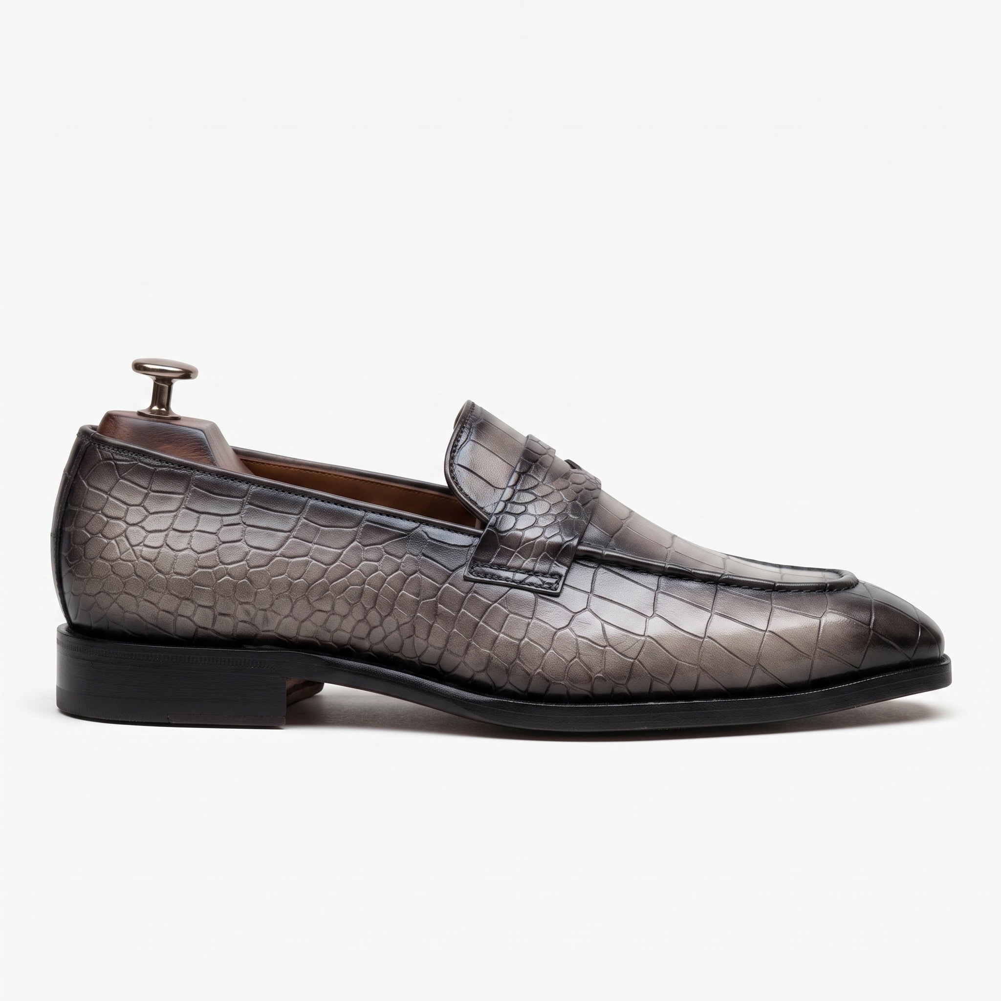 Men's Grey and Black Crocodile-Embossed Leather Penny Loafers — Beaudesert