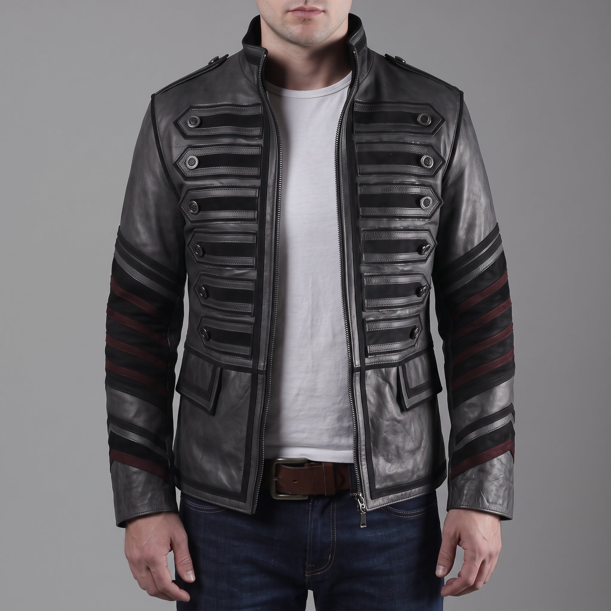 Men's Faded Black Distressed Leather Band Jacket — Abberdon