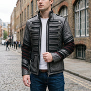Men's Faded Black Distressed Leather Band Jacket — Abberdon
