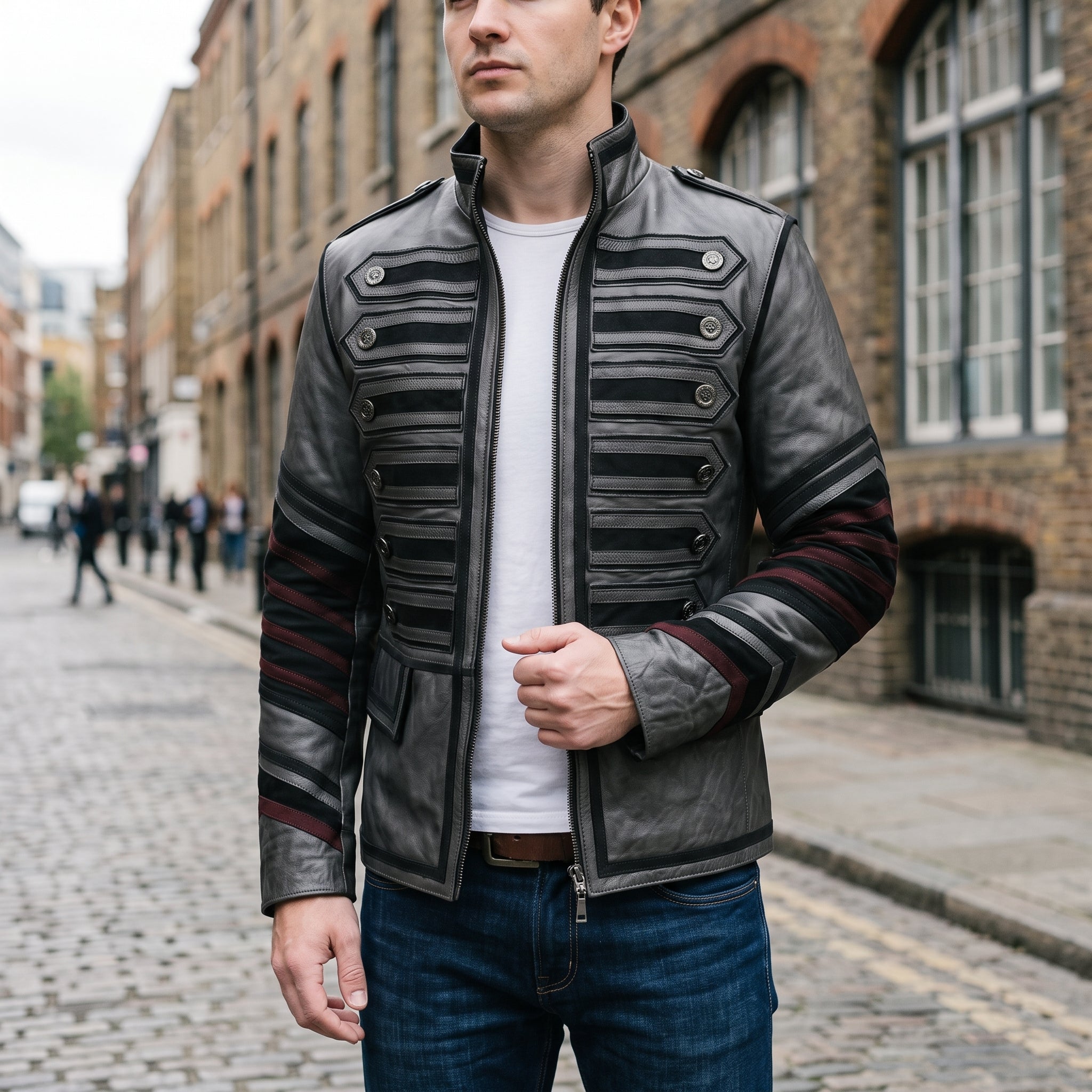 Men's Faded Black Distressed Leather Band Jacket — Abberdon