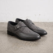 Men's Grey and Black Cap-Toe Leather Monk Strap Shoes — Thirsk