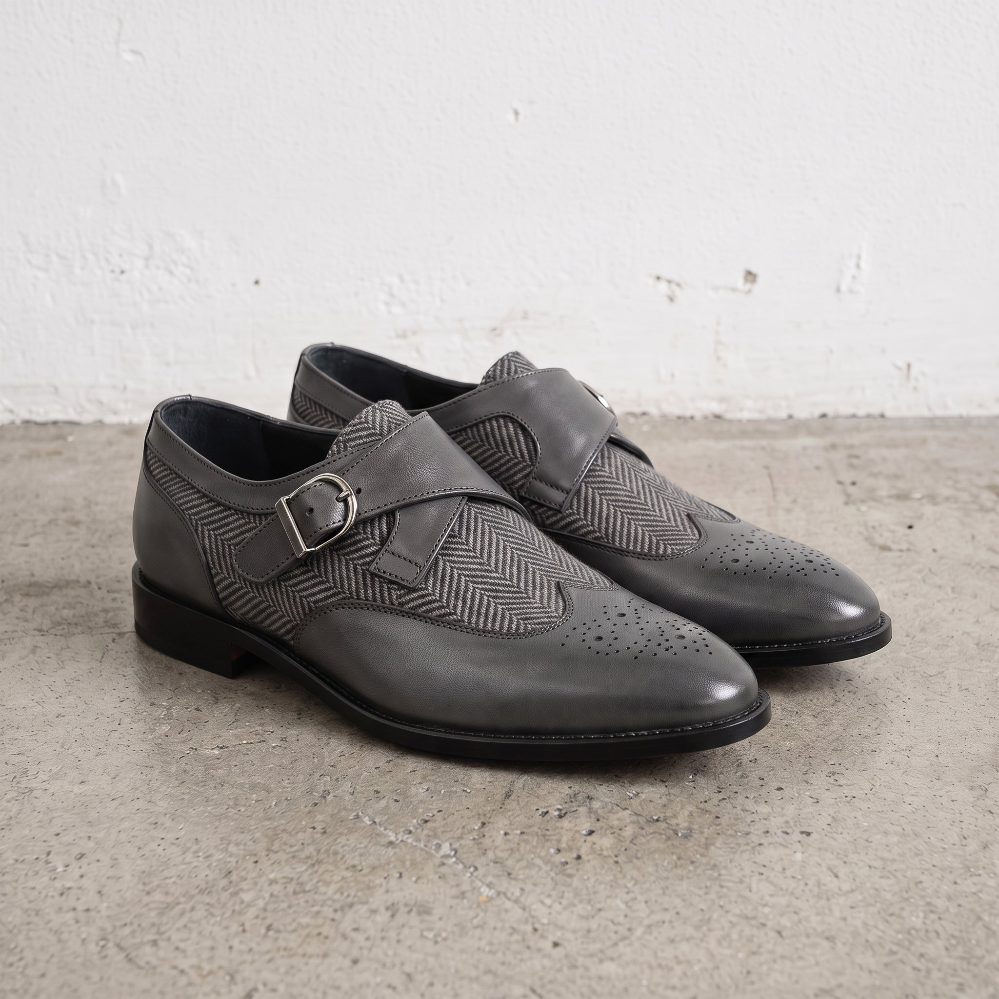 Men's Grey and Black Cap-Toe Leather Monk Strap Shoes — Thirsk