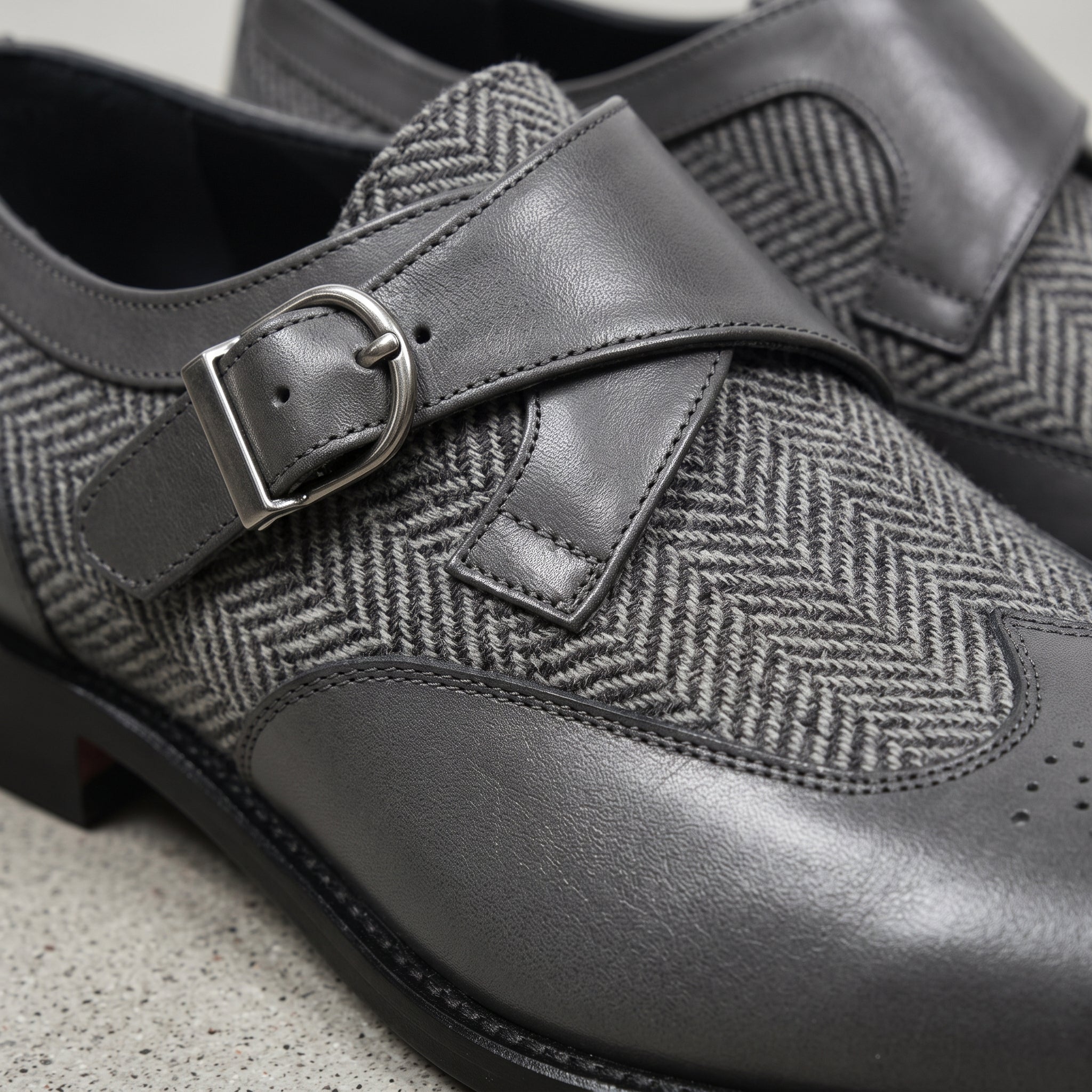 Men's Grey and Black Cap-Toe Leather Monk Strap Shoes — Thirsk