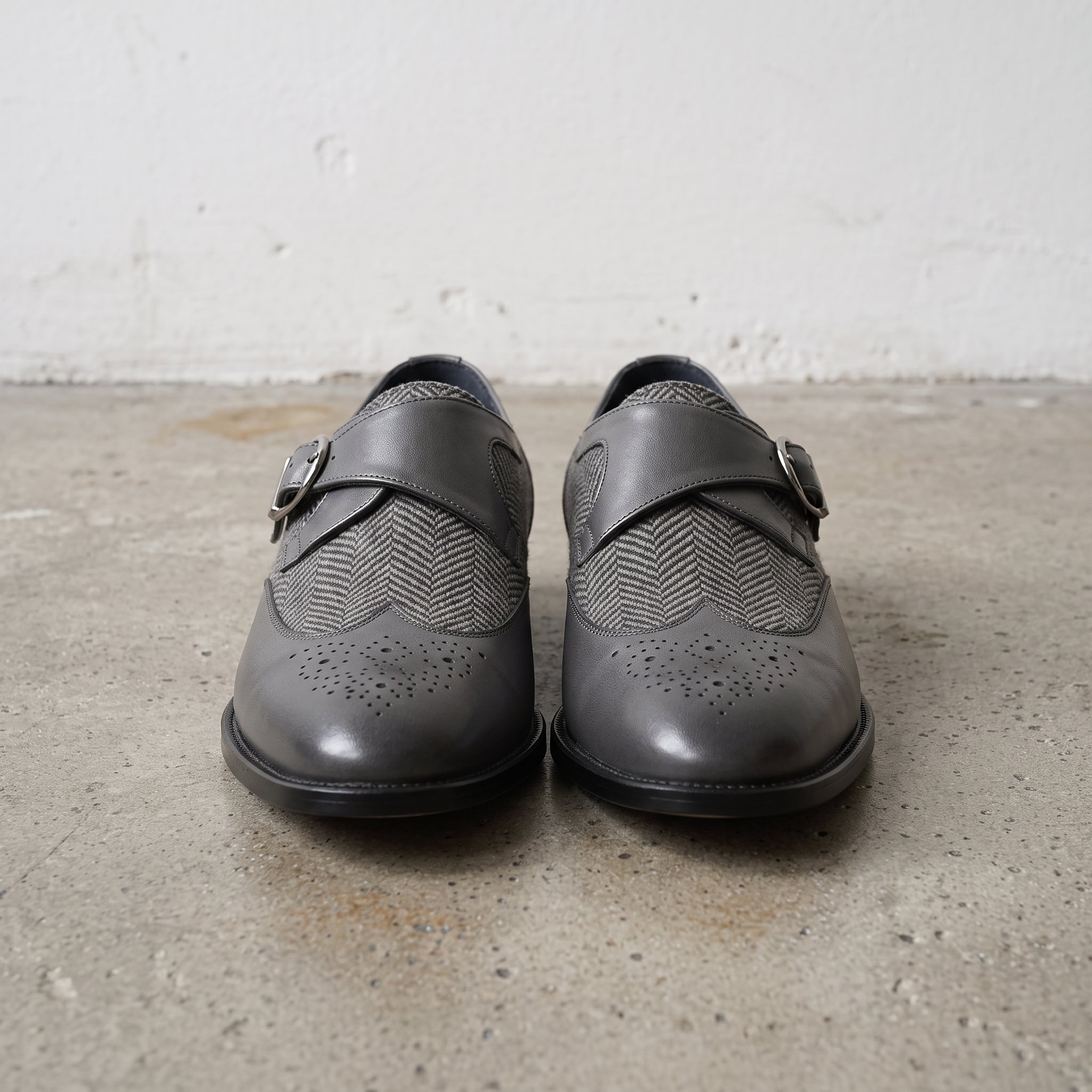 Men's Grey and Black Cap-Toe Leather Monk Strap Shoes — Thirsk