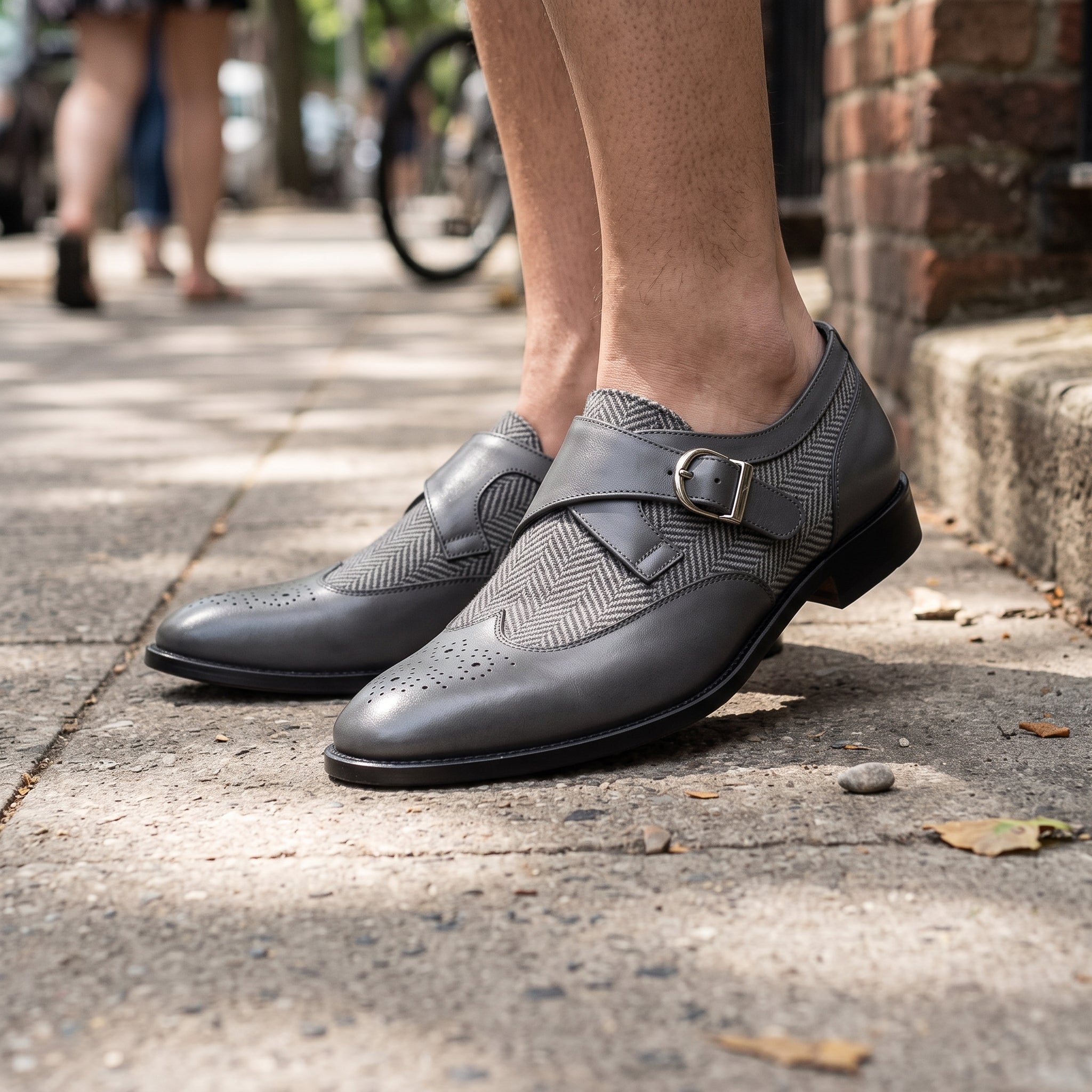 Men's Grey and Black Cap-Toe Leather Monk Strap Shoes — Thirsk