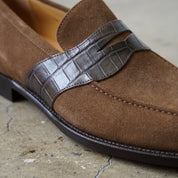 Men's Grey and Brown Crocodile-Embossed Suede Apron-Toe Penny Loafers — Crompton — Crompton
