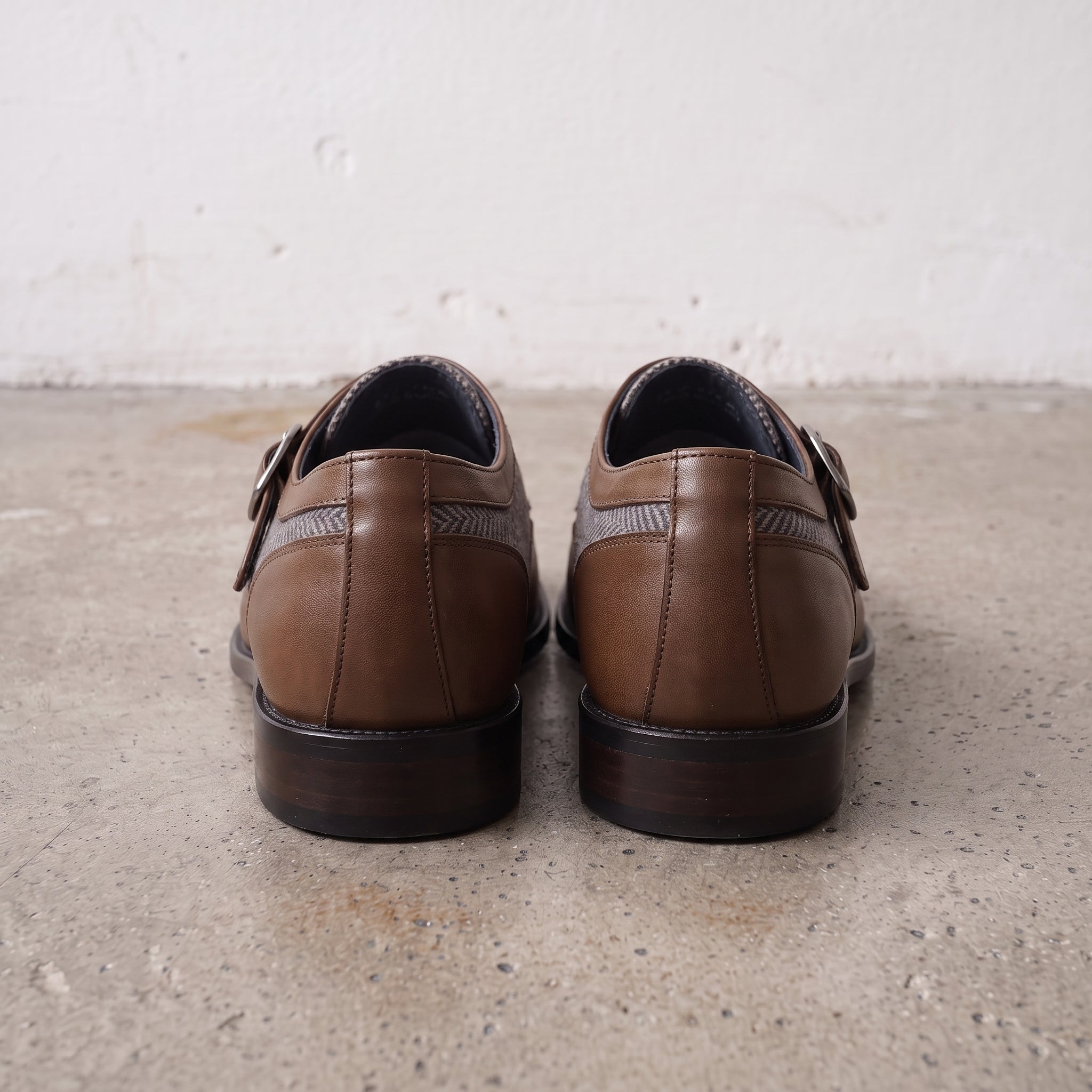 Men's Grey and Brown Wingtip Leather Monk Strap Shoes — Thirsk