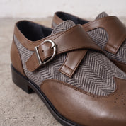 Men's Grey and Brown Wingtip Leather Monk Strap Shoes — Thirsk