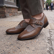 Men's Grey and Brown Wingtip Leather Monk Strap Shoes — Thirsk