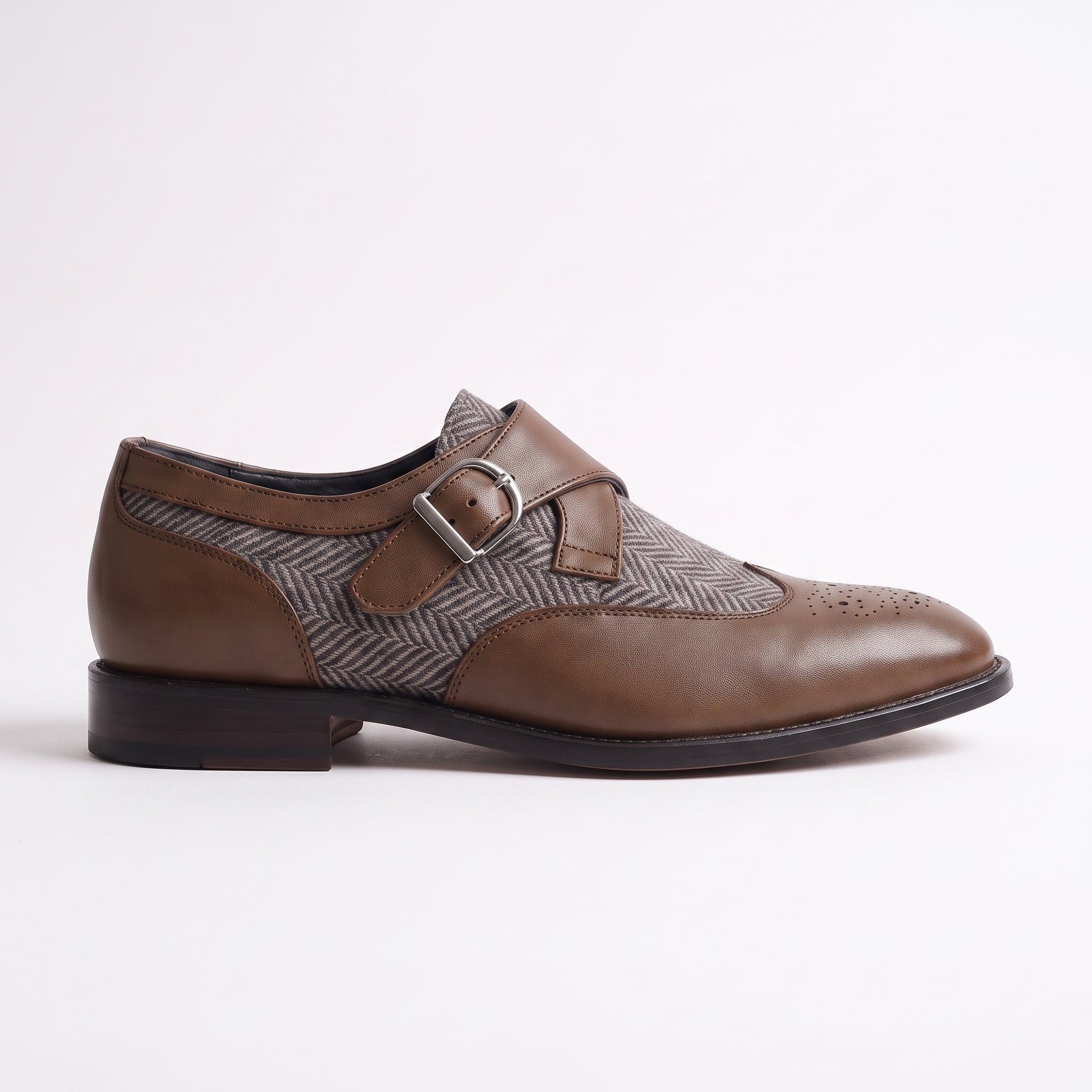 Men's Grey and Brown Wingtip Leather Monk Strap Shoes — Thirsk
