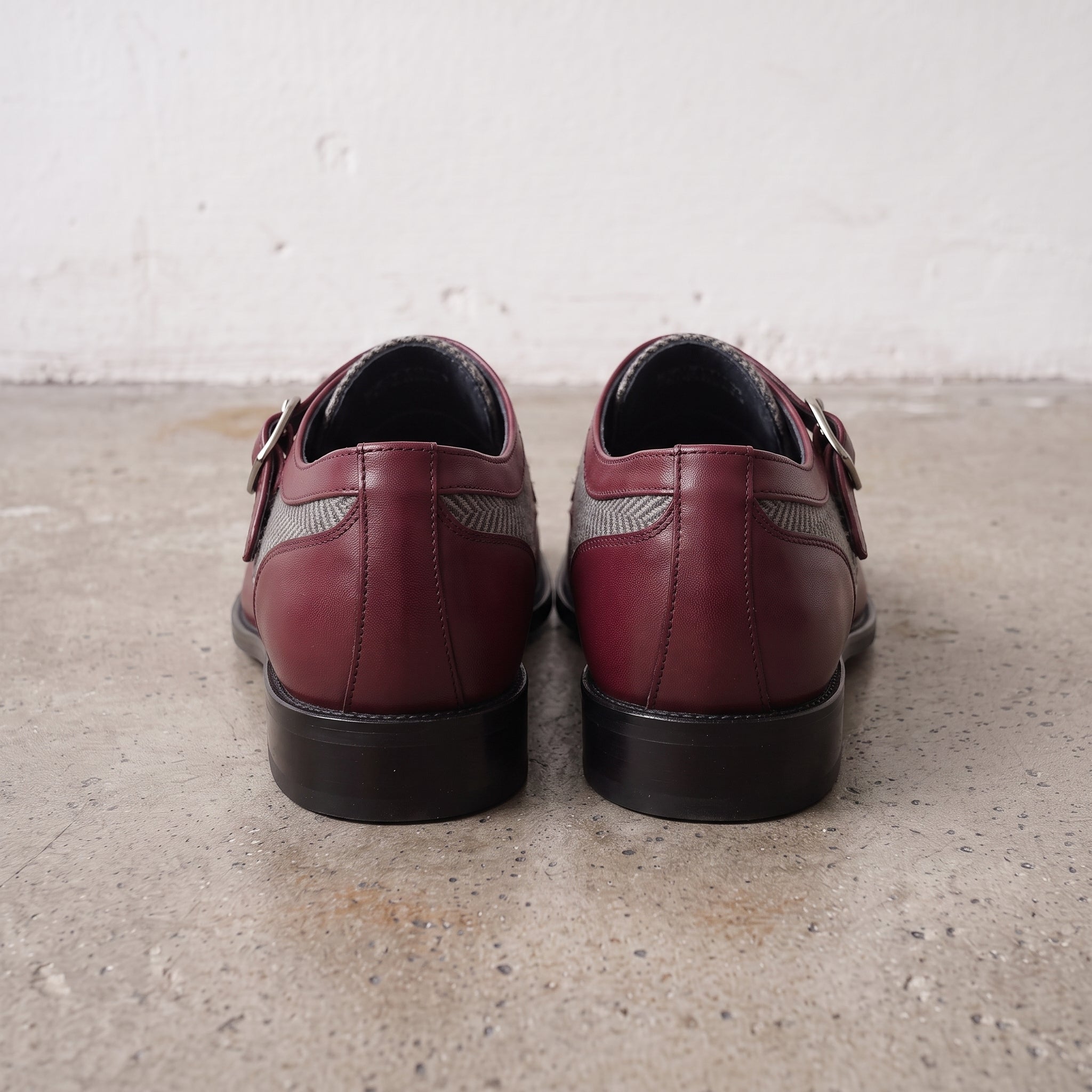 Men's Grey and Burgundy Wingtip Leather Monk Strap Shoes — Thirsk