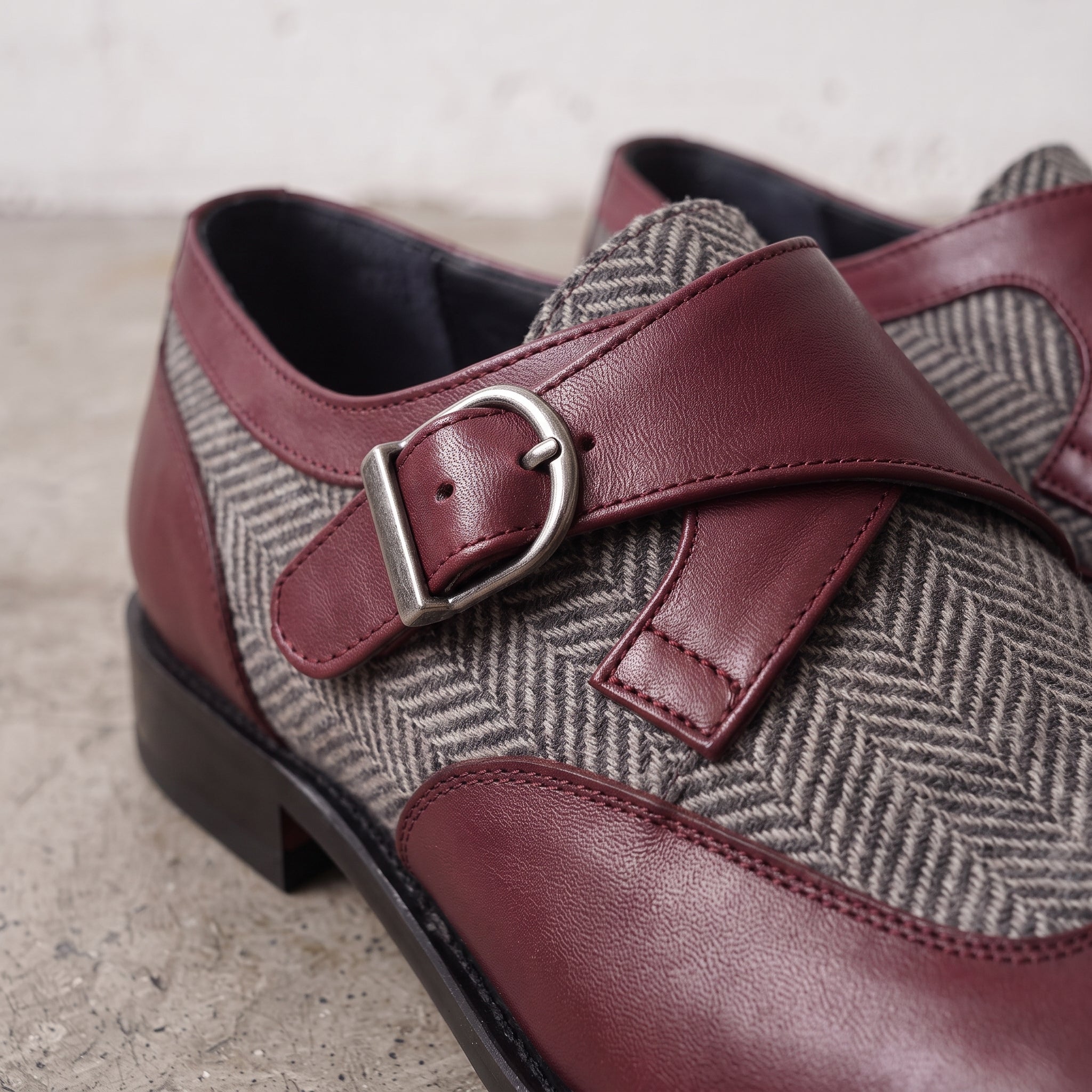 Men's Grey and Burgundy Wingtip Leather Monk Strap Shoes — Thirsk