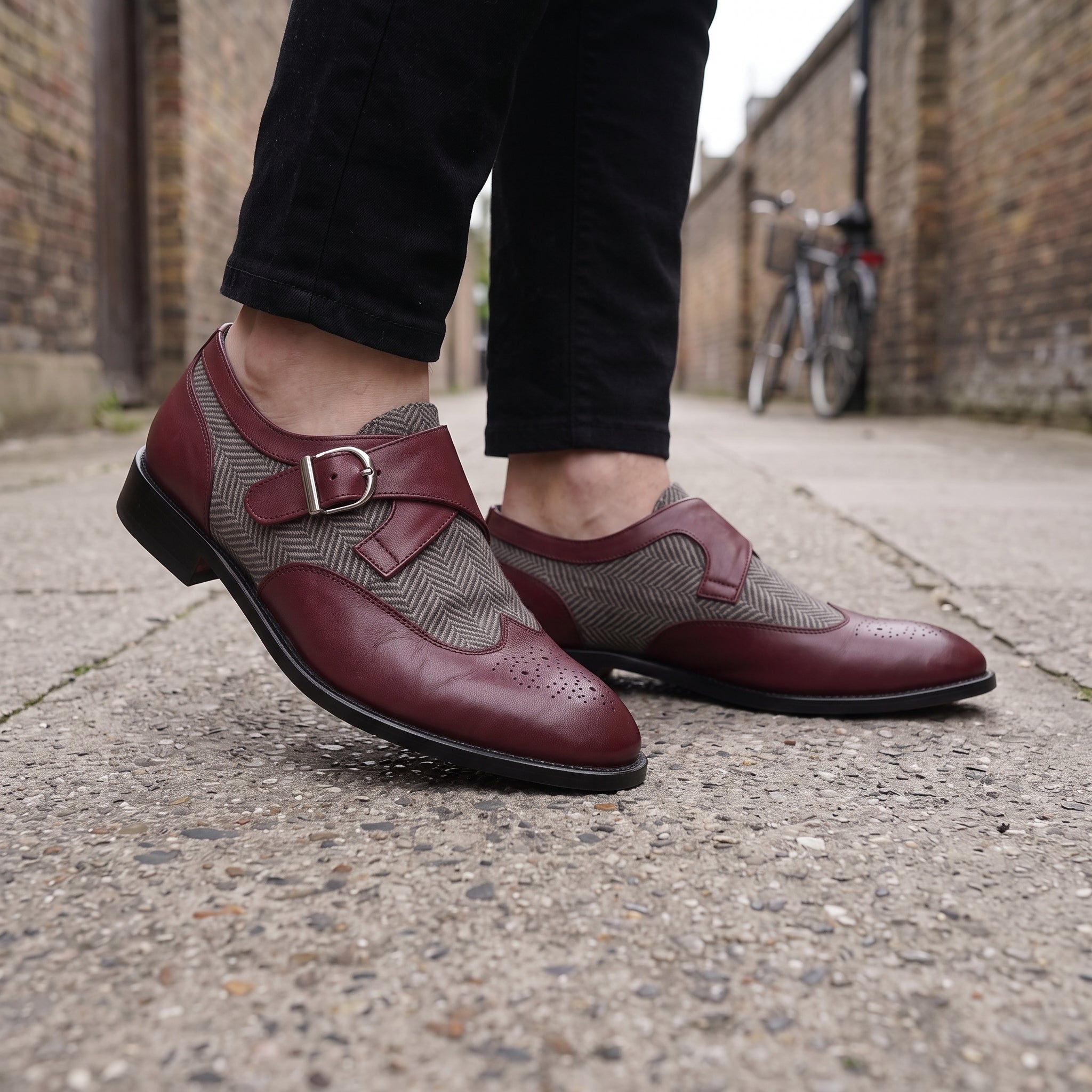 Men's Grey and Burgundy Wingtip Leather Monk Strap Shoes — Thirsk