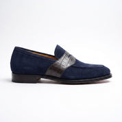 Men's Grey and Navy Blue Crocodile-Embossed Suede Apron-Toe Penny Loafers — Crompton — Crompton