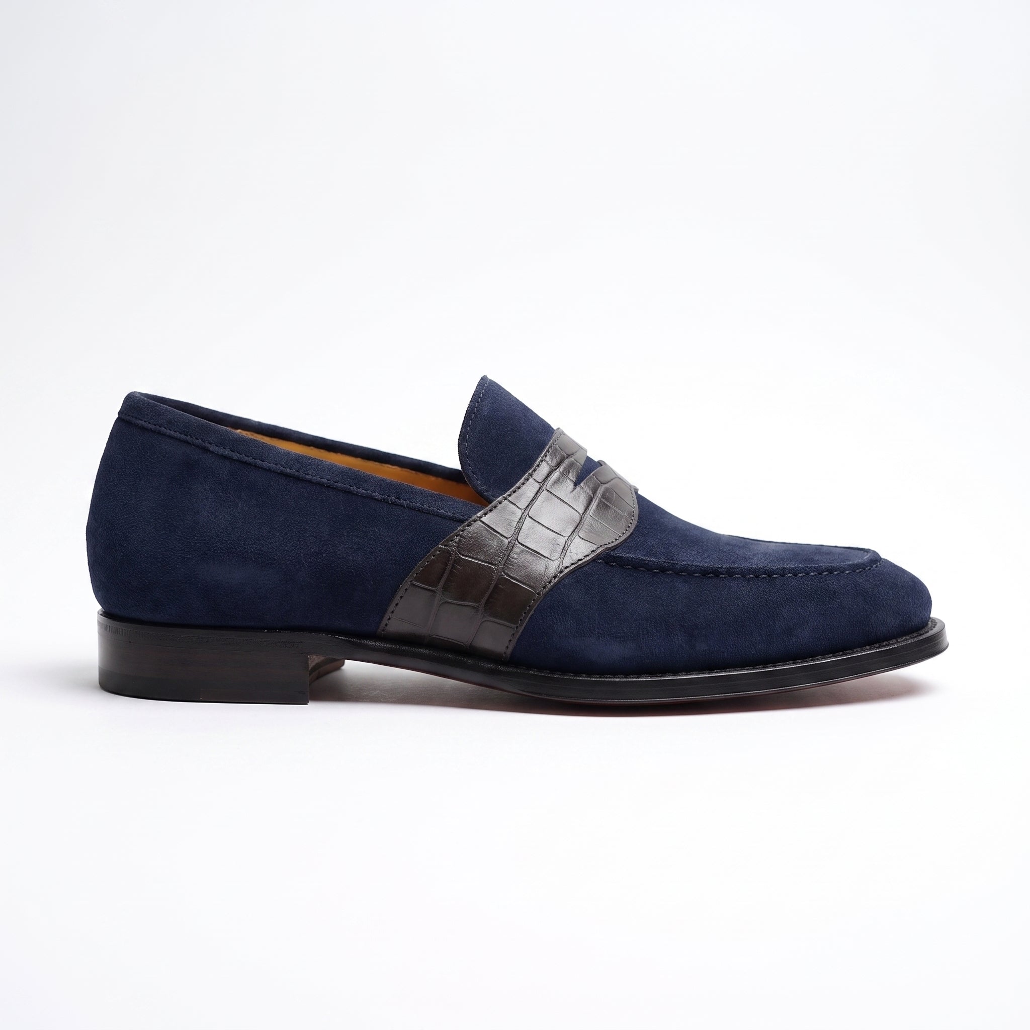 Men's Grey and Navy Blue Crocodile-Embossed Suede Apron-Toe Penny Loafers — Crompton — Crompton