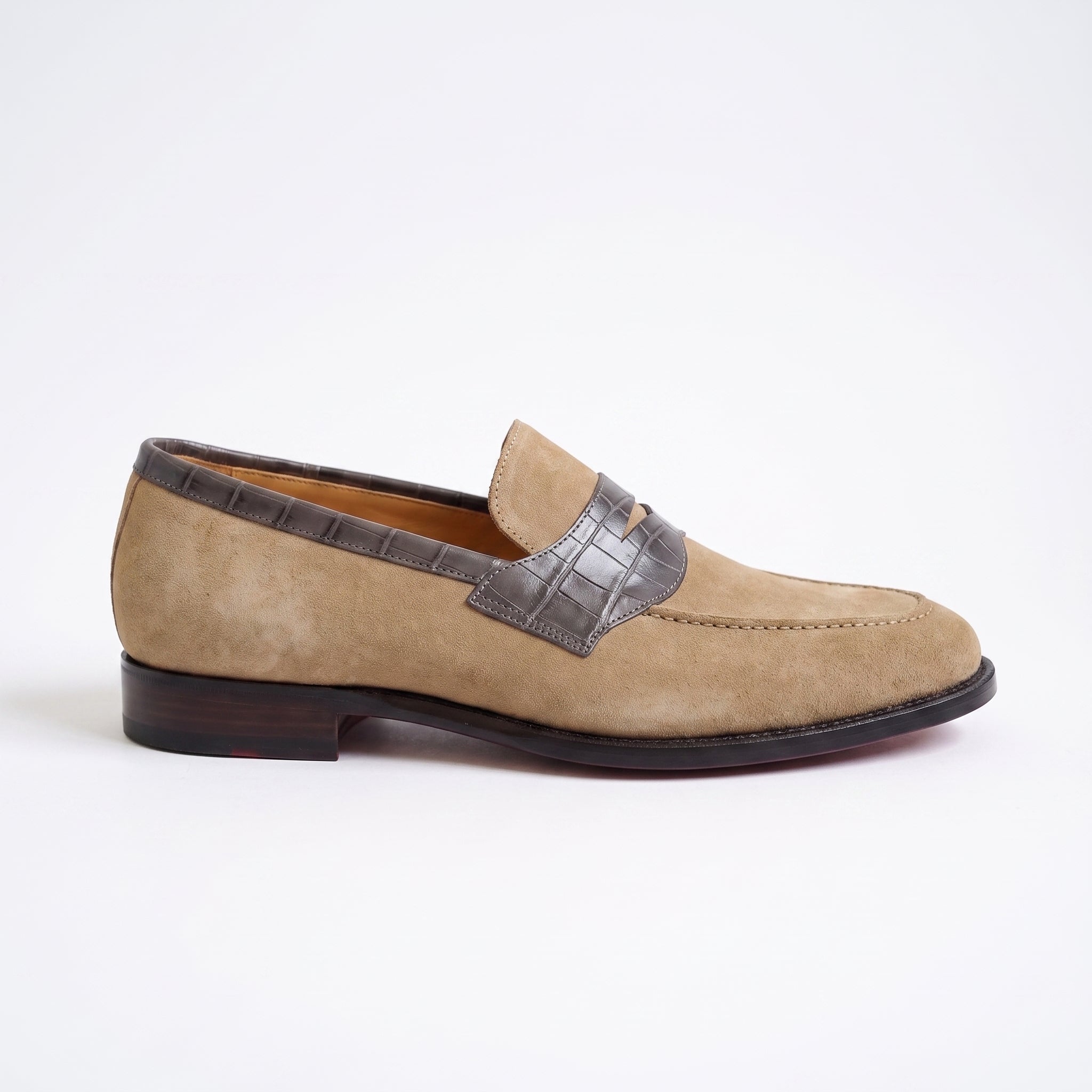 Men's Grey and Tan Crocodile-Embossed Suede Apron-Toe Penny Loafers — Crompton — Crompton