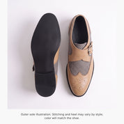 Men's Grey and Tan Wingtip Leather Monk Strap Shoes — Thirsk