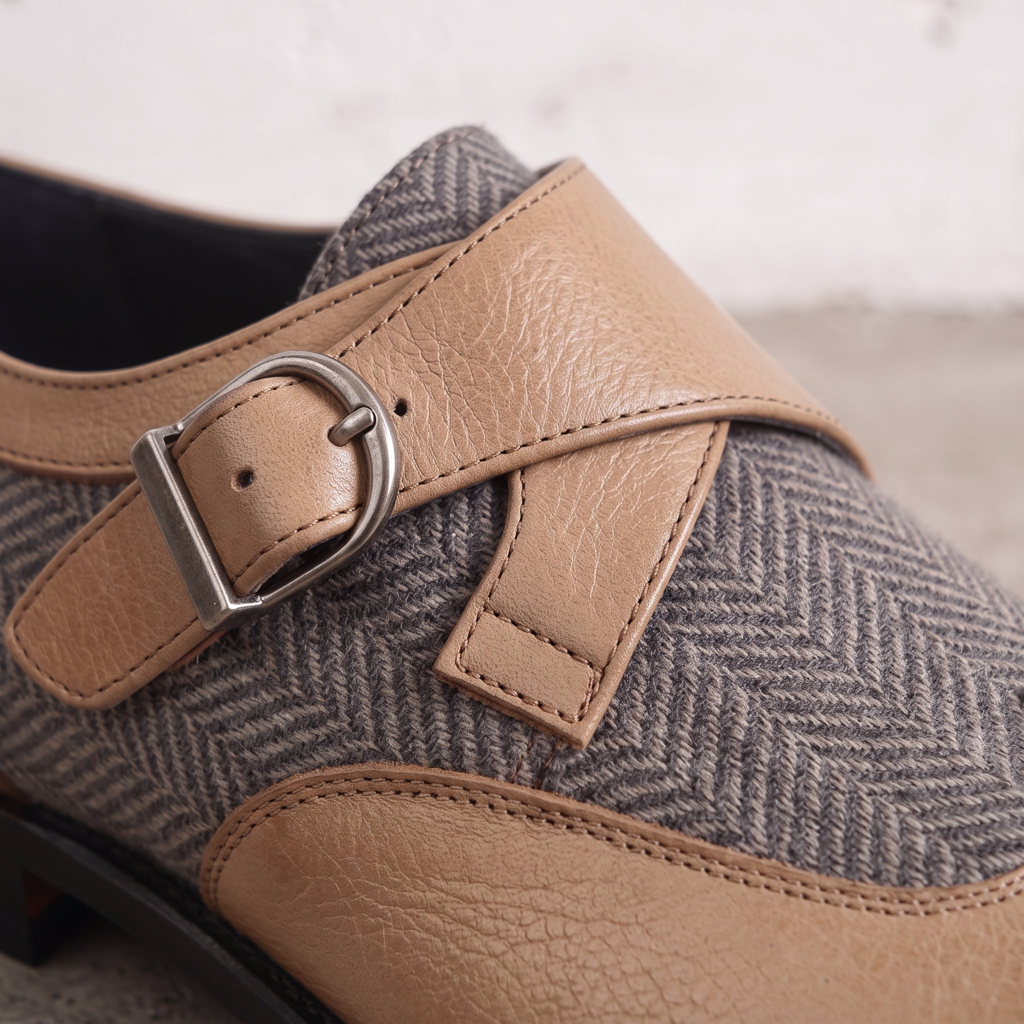 Men's Grey and Tan Wingtip Leather Monk Strap Shoes — Thirsk