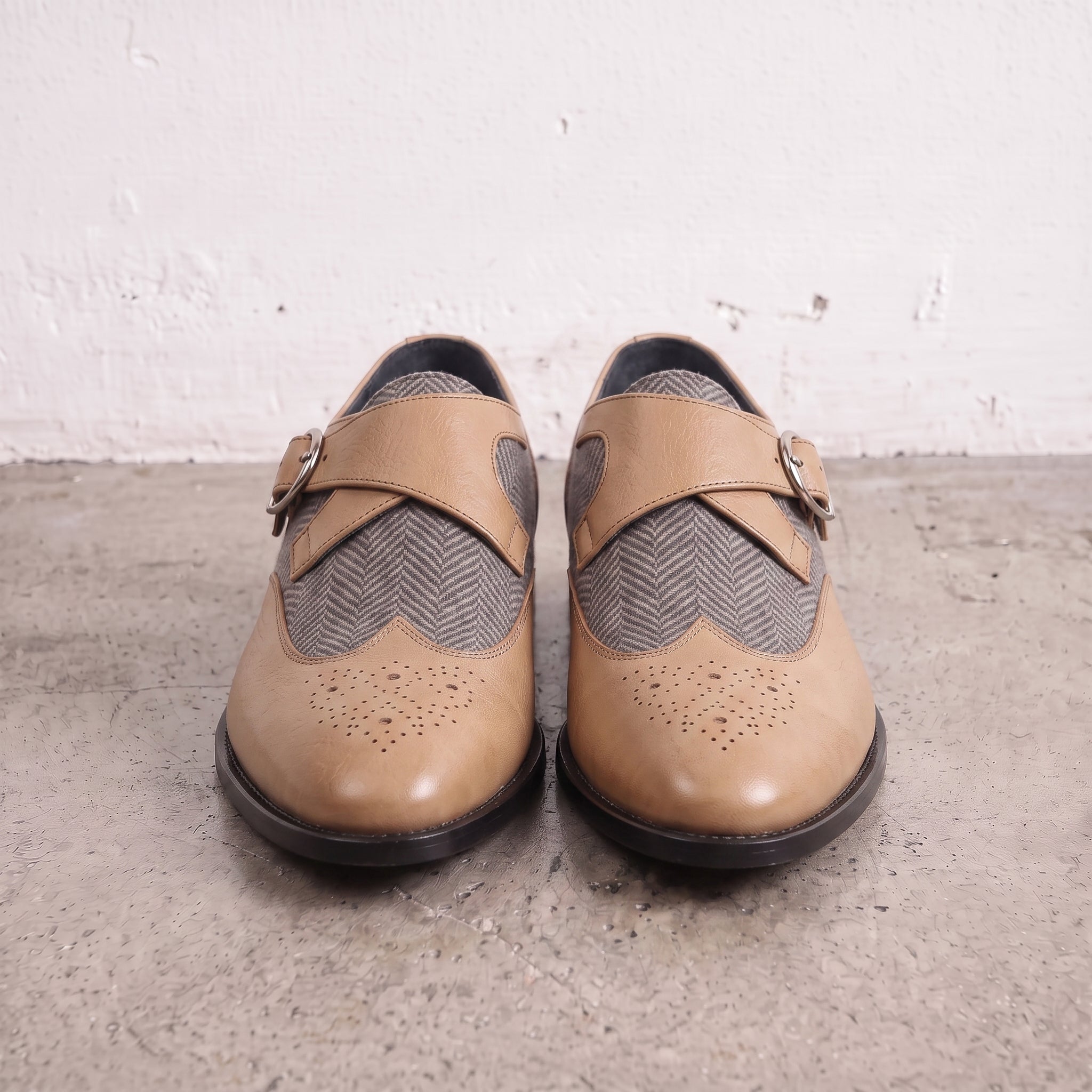 Men's Grey and Tan Wingtip Leather Monk Strap Shoes — Thirsk