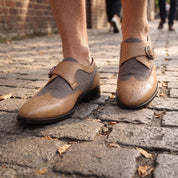Men's Grey and Tan Wingtip Leather Monk Strap Shoes — Thirsk