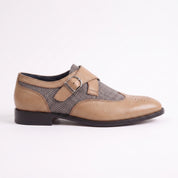 Men's Grey and Tan Wingtip Leather Monk Strap Shoes — Thirsk
