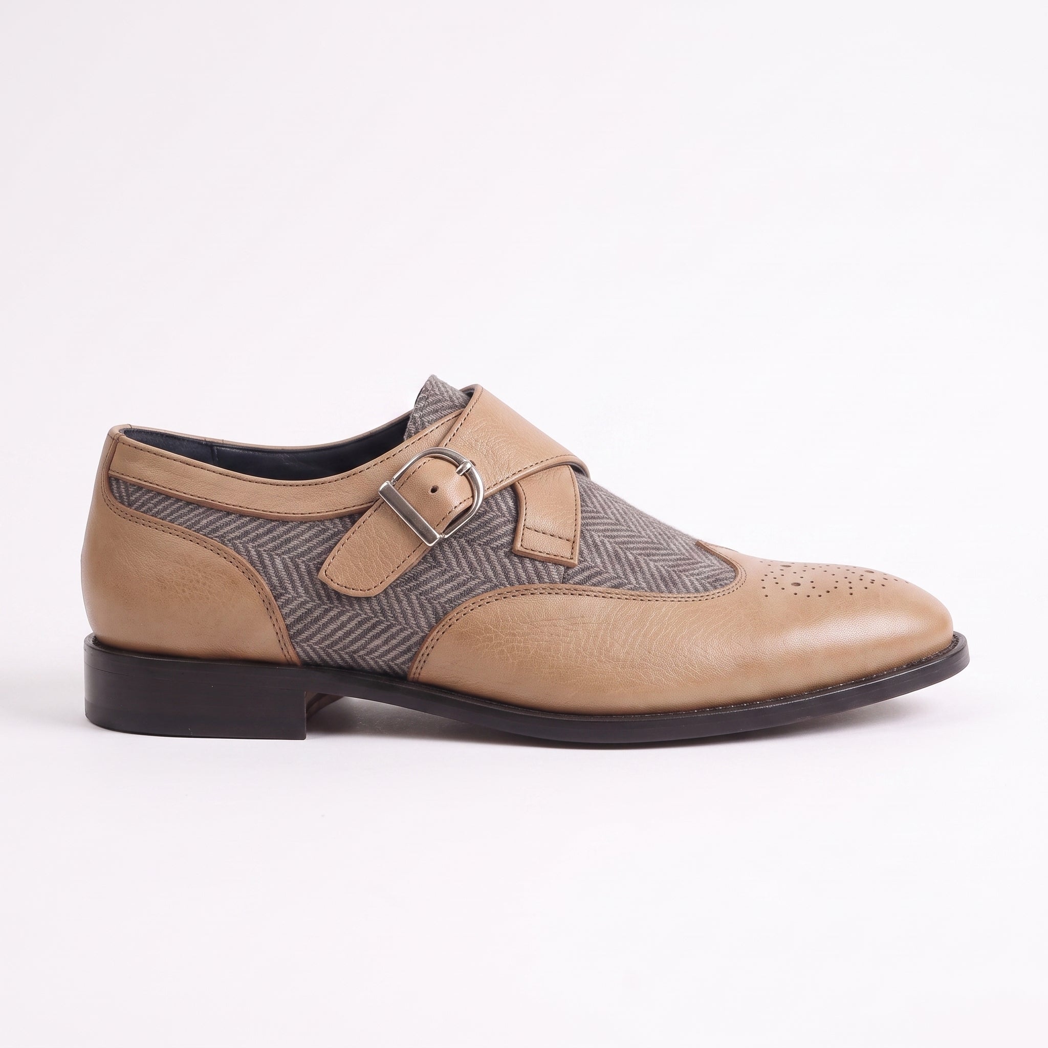 Men's Grey and Tan Wingtip Leather Monk Strap Shoes — Thirsk