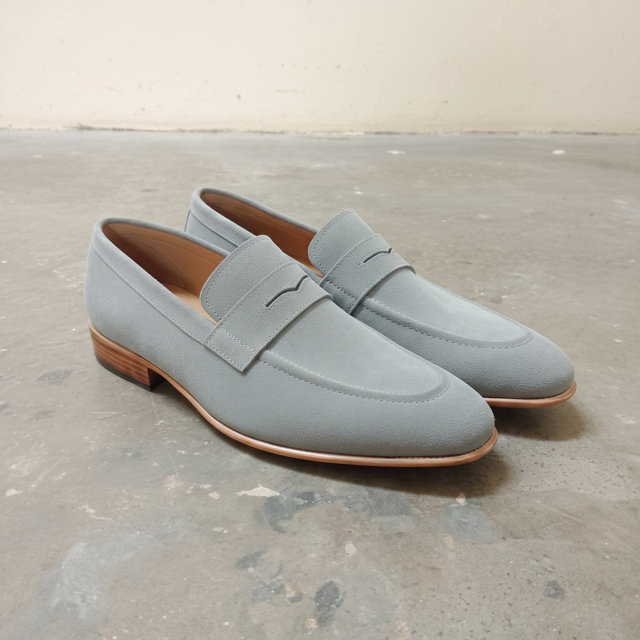 Men's Grey Apron-Toe Suede Penny Loafers — Austerfield