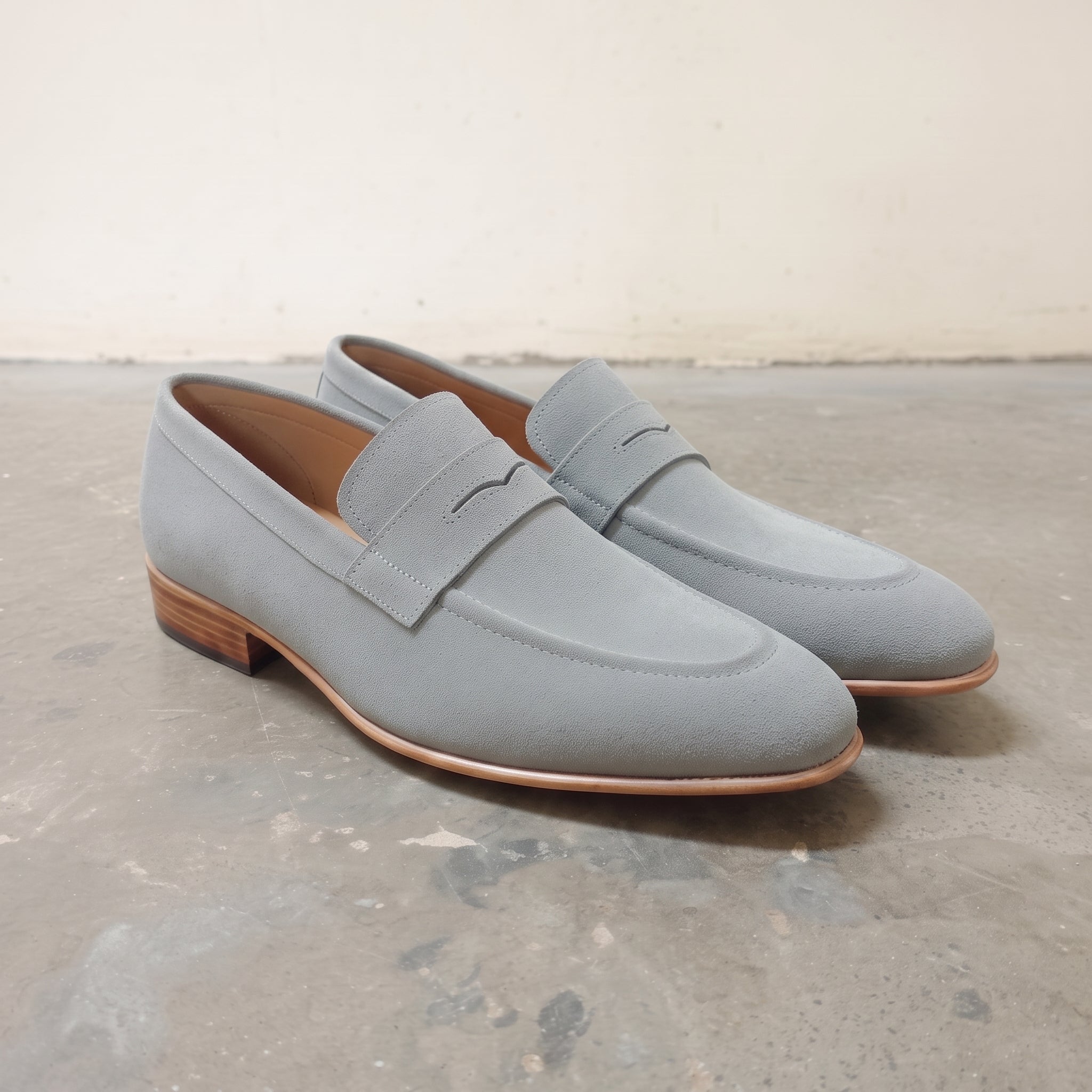 Men's Grey Apron-Toe Suede Penny Loafers — Austerfield