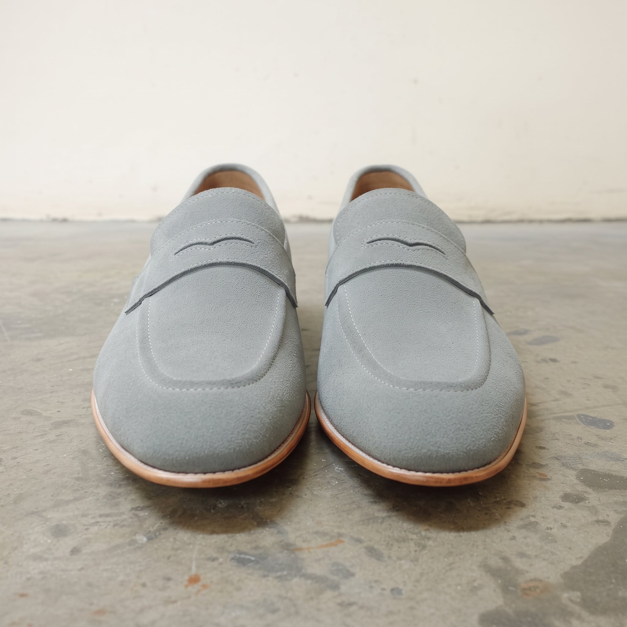 Men's Grey Apron-Toe Suede Penny Loafers — Austerfield