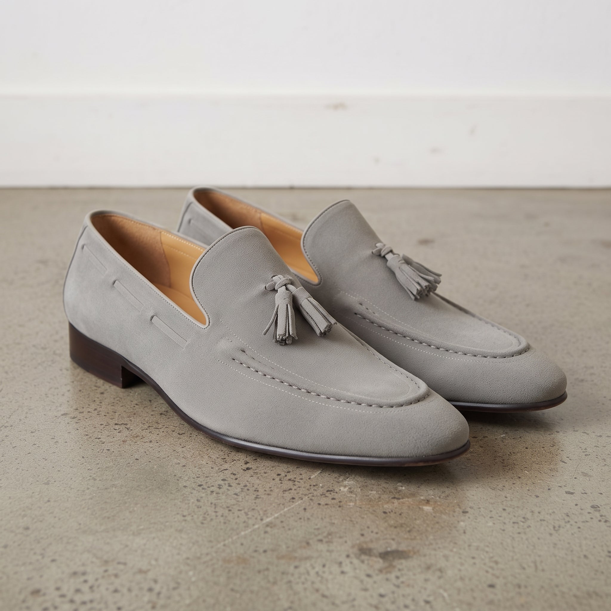 Men's Grey Apron-Toe Suede Tassel Loafers — Bowles