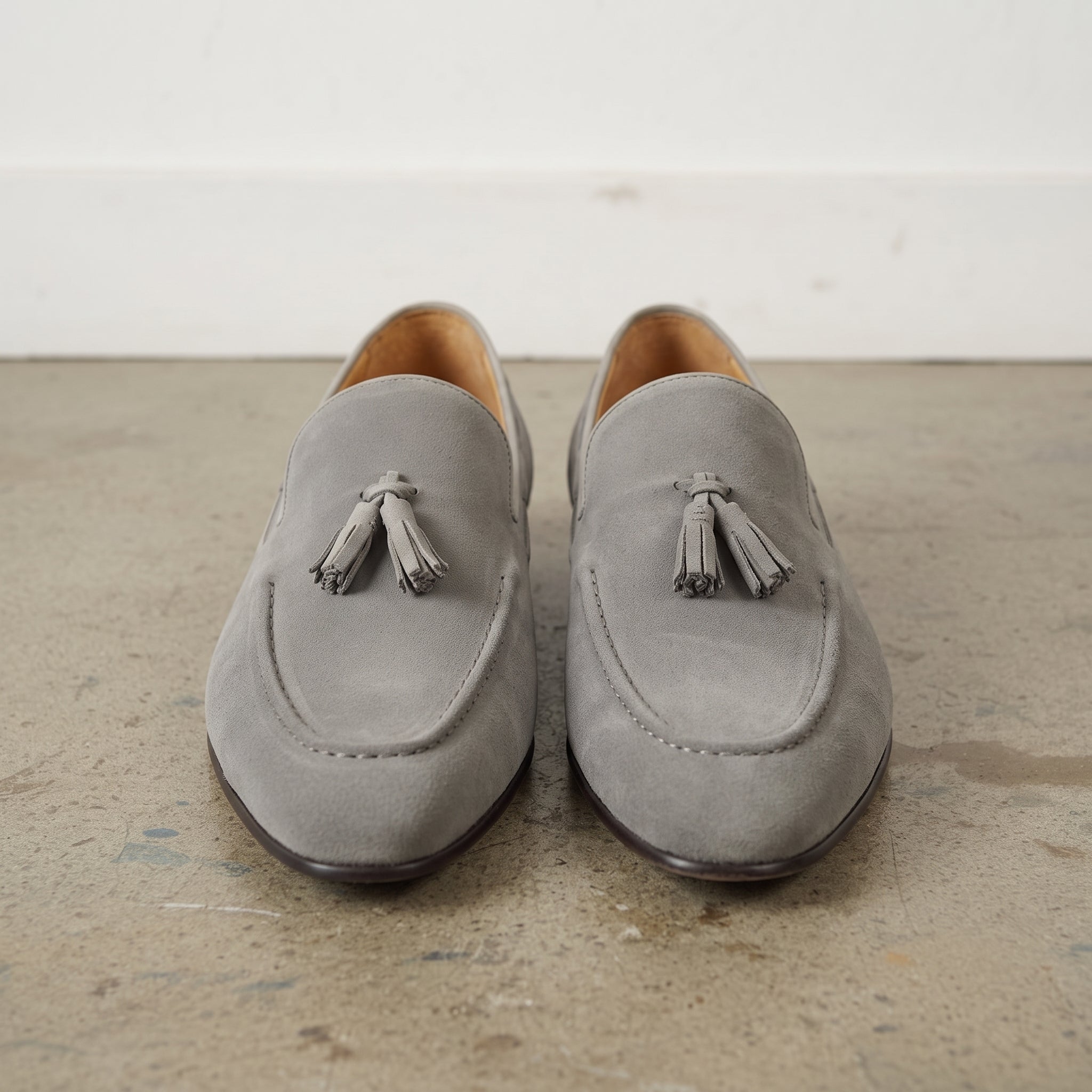 Men's Grey Apron-Toe Suede Tassel Loafers — Bowles