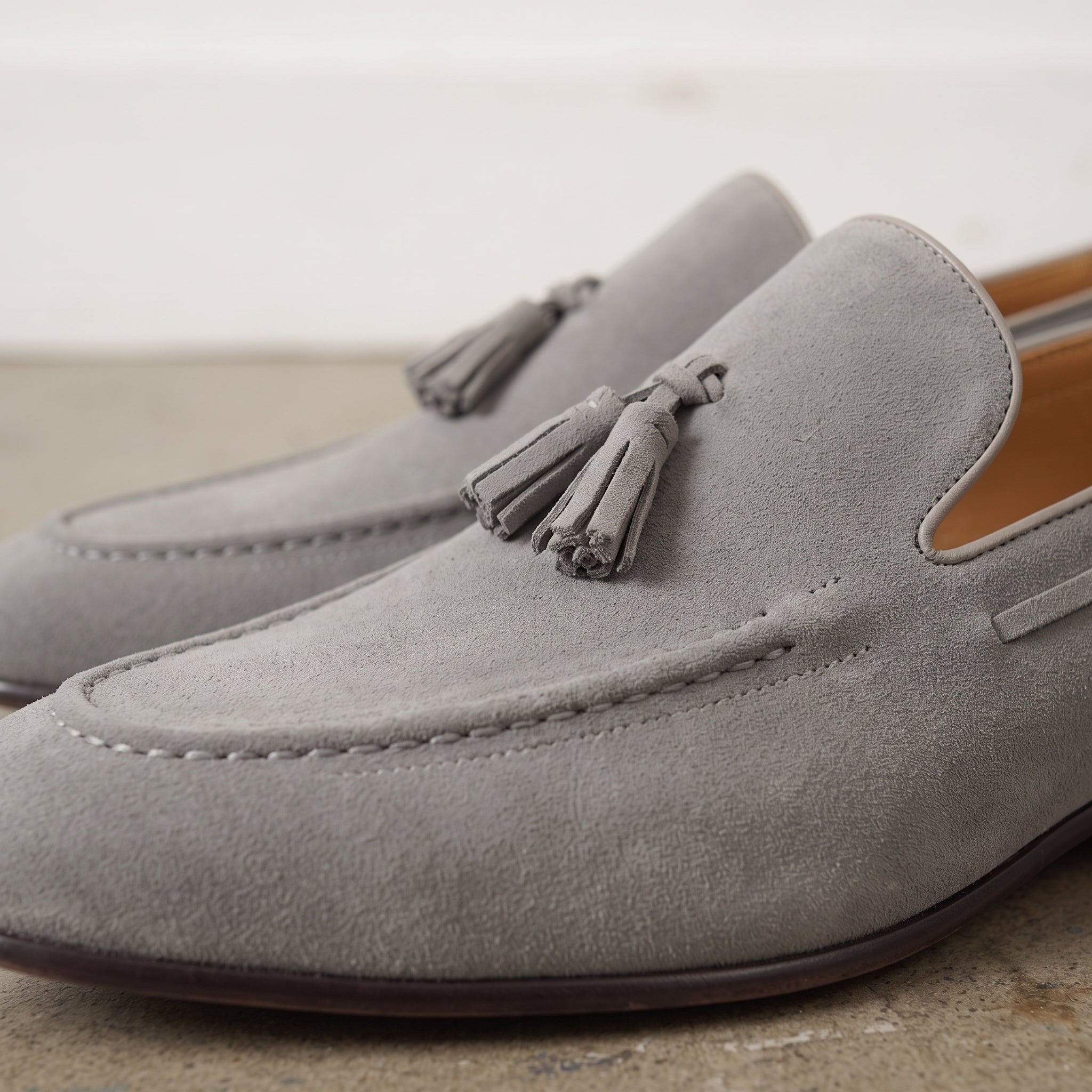 Men's Grey Apron-Toe Suede Tassel Loafers — Bowles