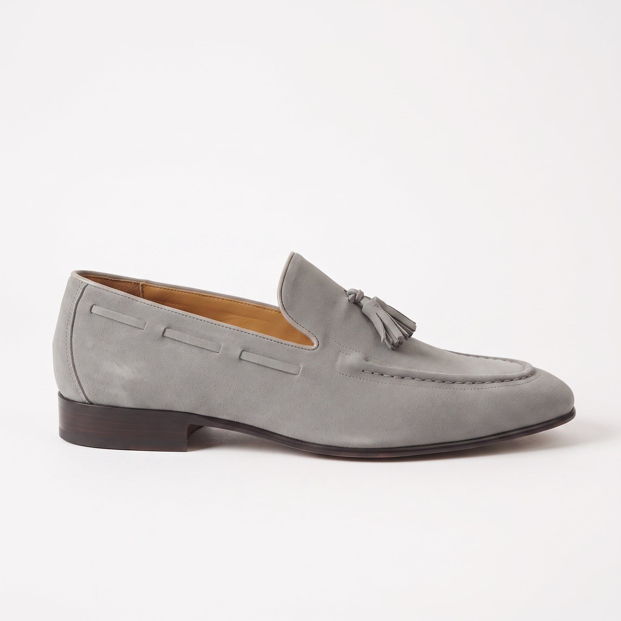Men's Grey Apron-Toe Suede Tassel Loafers — Bowles