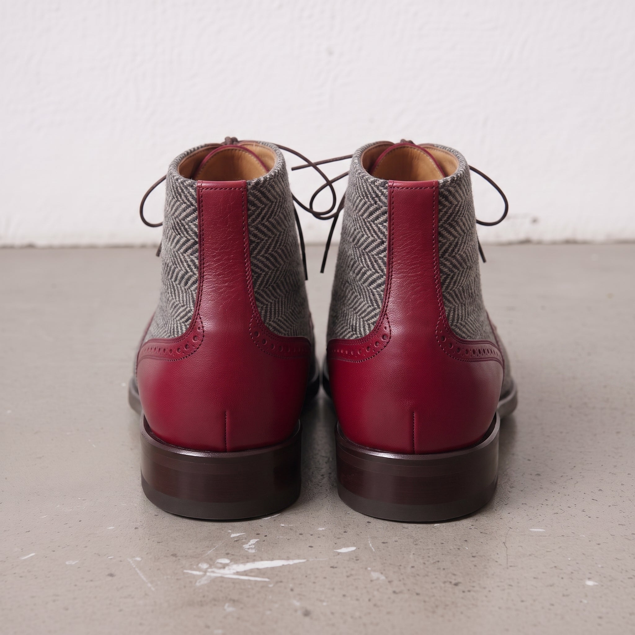 Men's Grey and Burgundy Herringbone and Leather Cap-Toe Derby Boots — Barnard