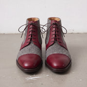 Men's Grey and Burgundy Herringbone and Leather Cap-Toe Derby Boots — Barnard