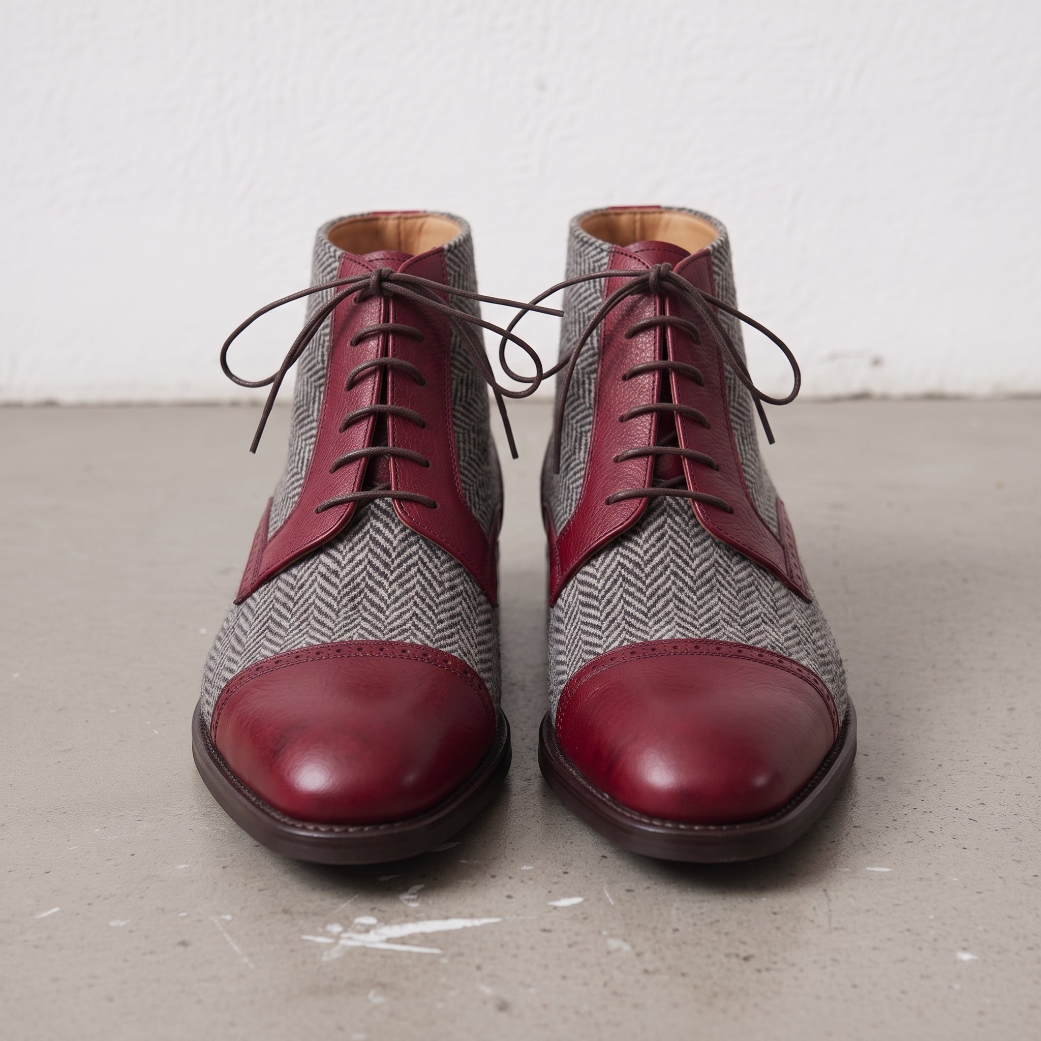 Men's Grey and Burgundy Herringbone and Leather Cap-Toe Derby Boots — Barnard