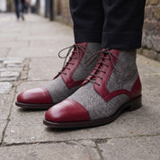 Men's Grey and Burgundy Herringbone and Leather Cap-Toe Derby Boots — Barnard