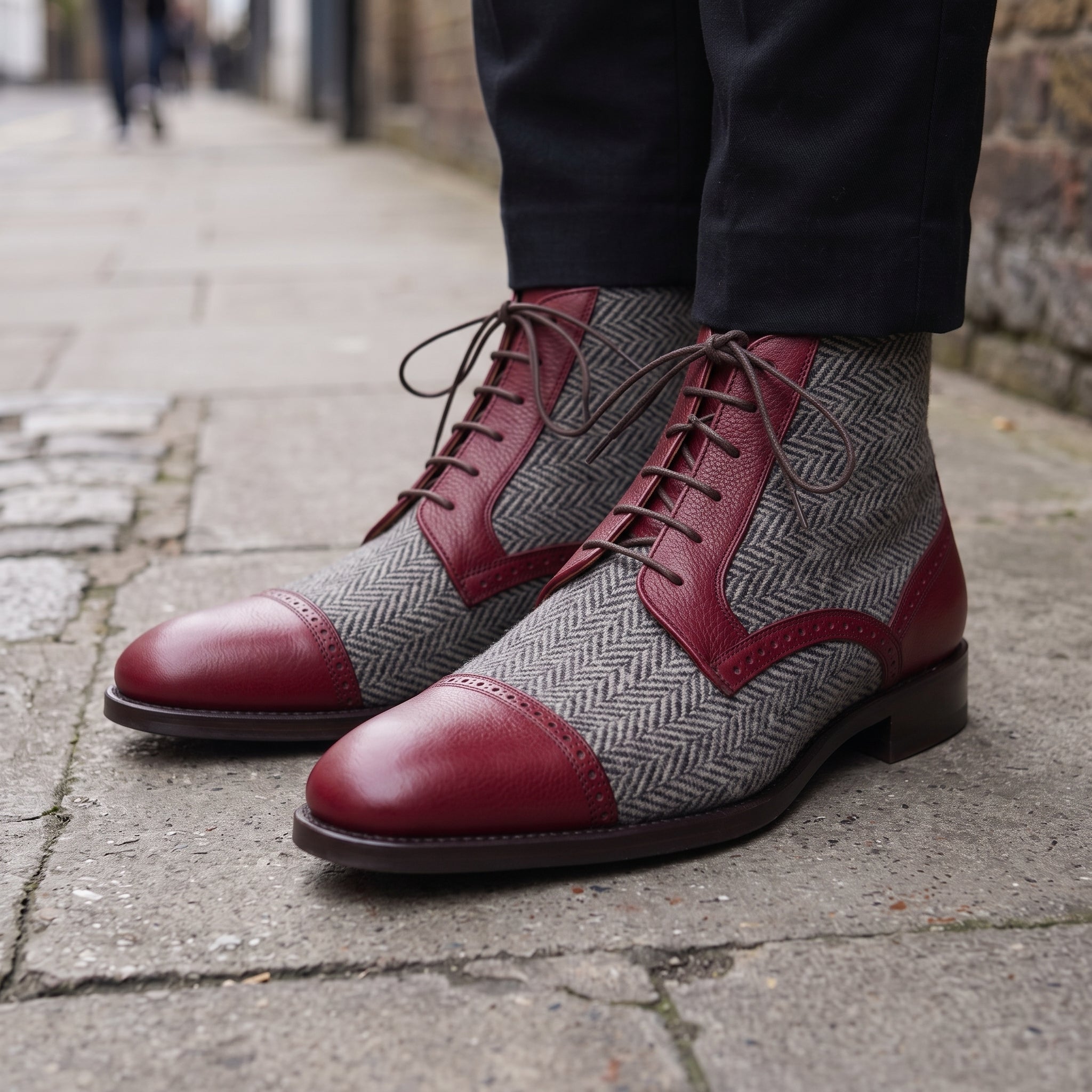 Men's Grey and Burgundy Herringbone and Leather Cap-Toe Derby Boots — Barnard