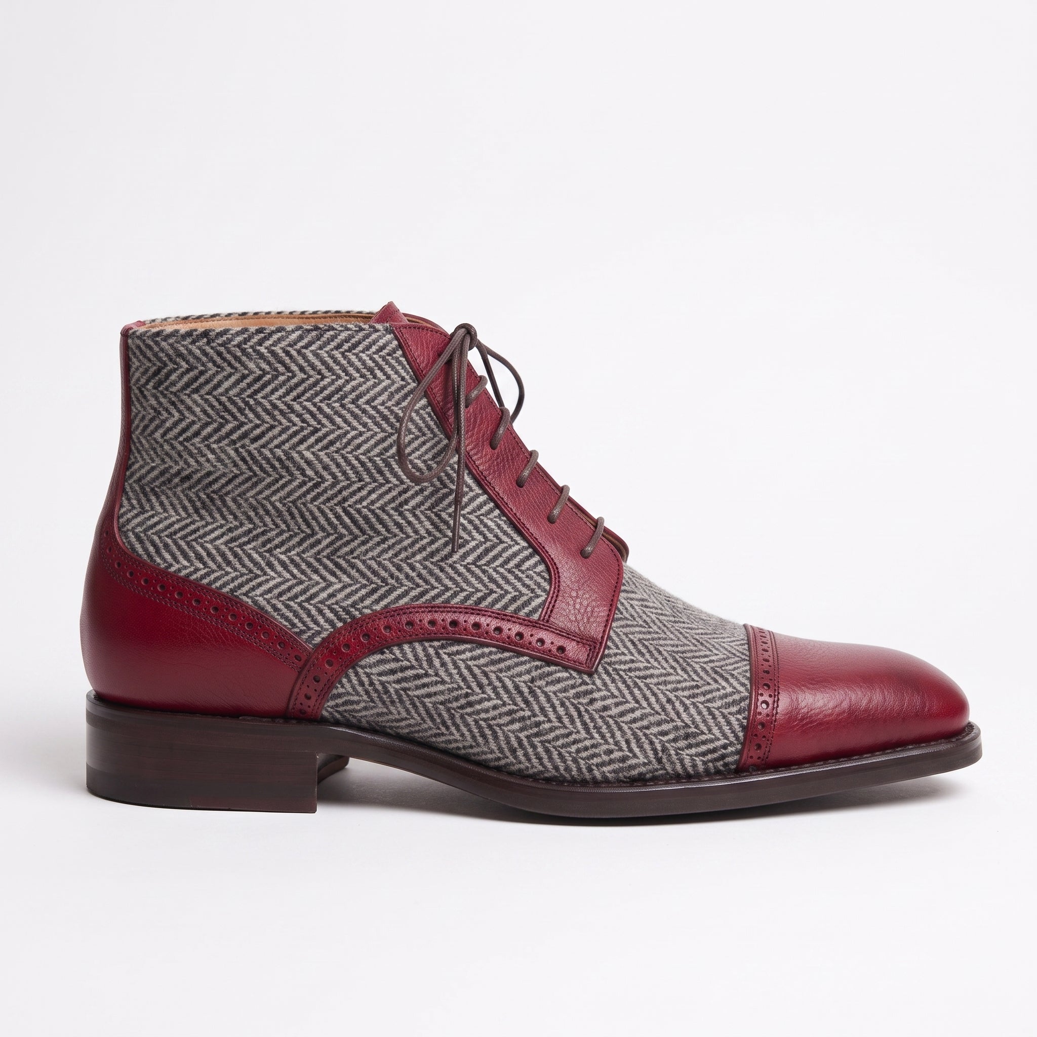 Men's Grey and Burgundy Herringbone and Leather Cap-Toe Derby Boots — Barnard