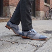 Men's Grey and Dark Blue Cap-Toe Leather Monk Strap Shoes — Spalding