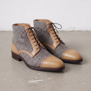 Men's Grey, Tan, and Brown Herringbone and Leather Cap-Toe Derby Boots — Barnard