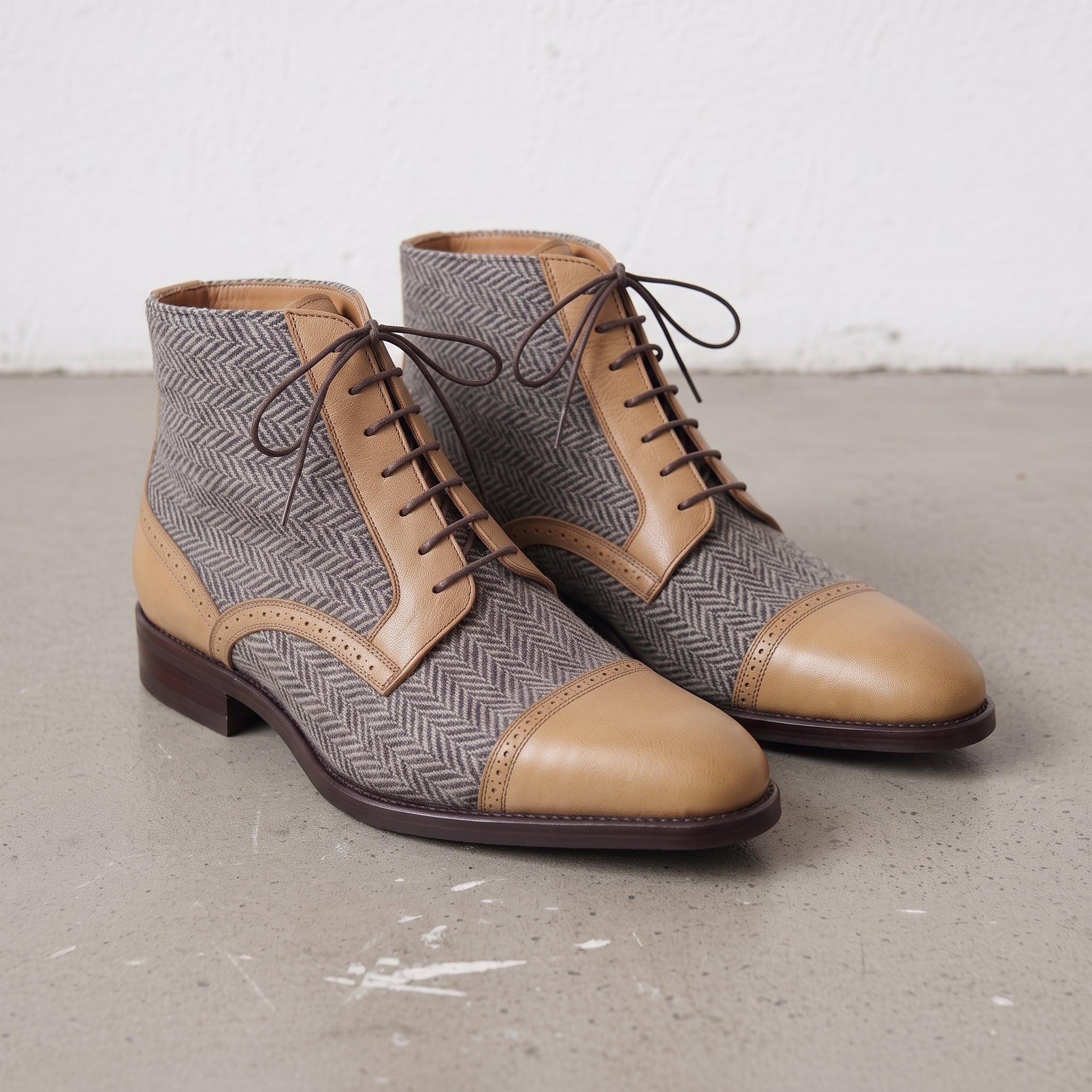 Men's Grey, Tan, and Brown Herringbone and Leather Cap-Toe Derby Boots — Barnard