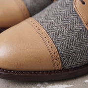 Men's Grey, Tan, and Brown Herringbone and Leather Cap-Toe Derby Boots — Barnard